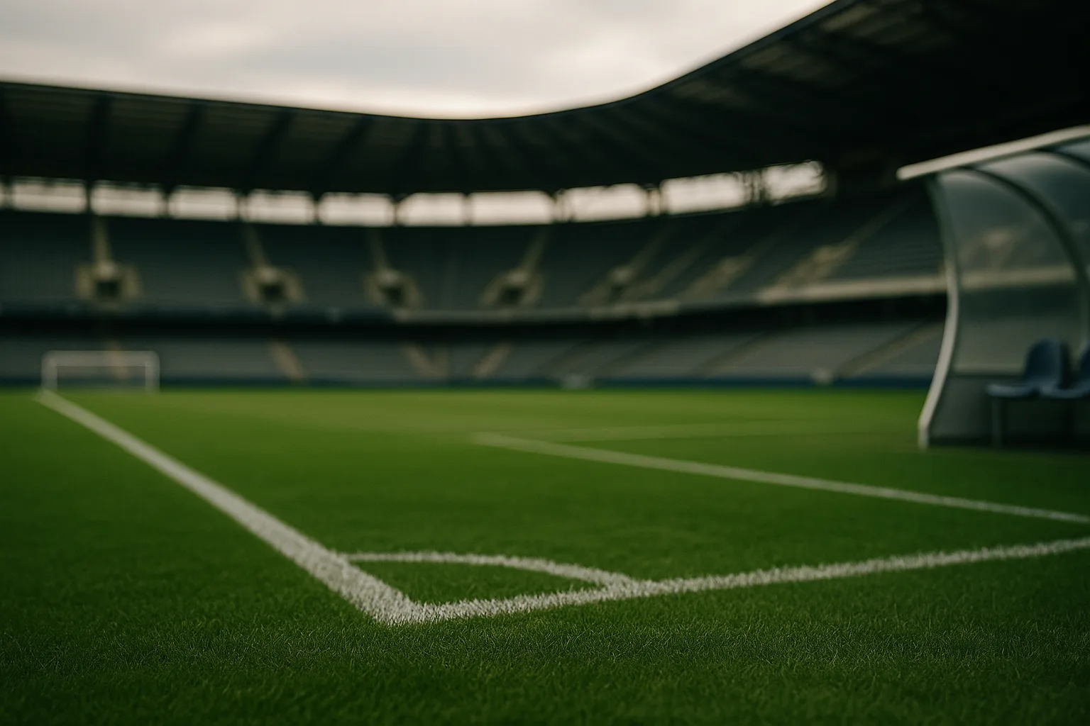 Een leeg voetbalveld in een stadion, met de dug-out rechts, onscherp op de achtergrond.