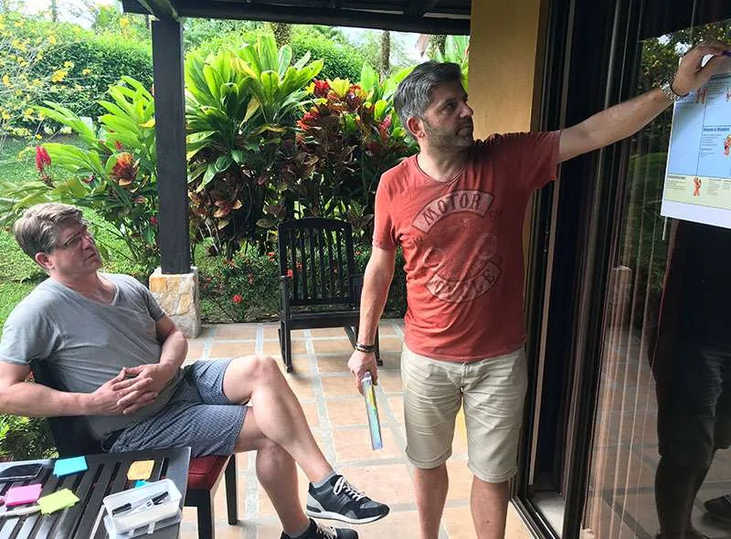 Scherpstelsessie tijdens de transformatiereis van Ronnie Couwenberg in Costa Rica, met Jorrit Schiks en Bastiaan Kuijlaars.